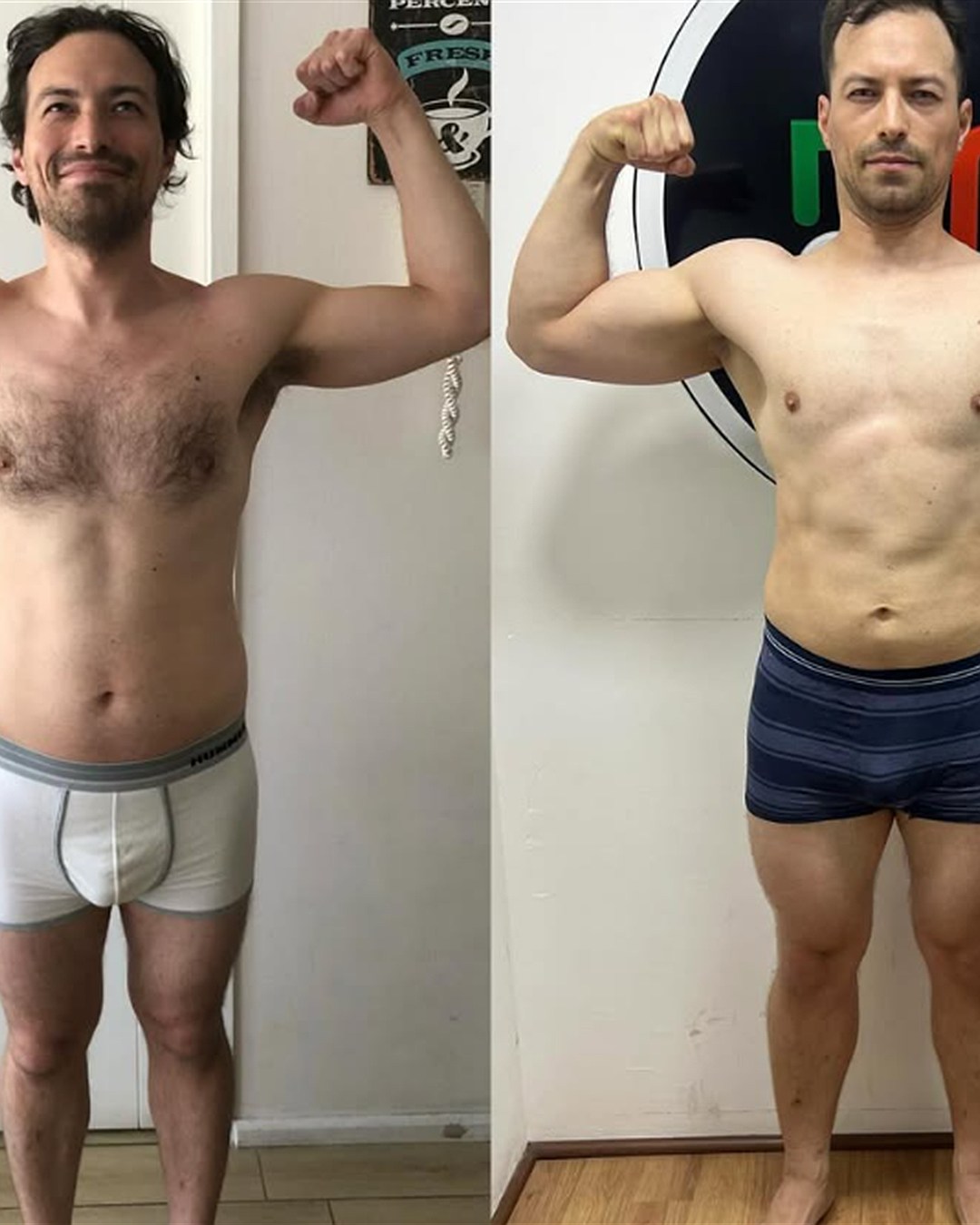 Transformación antes y después: aumento de masa y definición en pose de bíceps